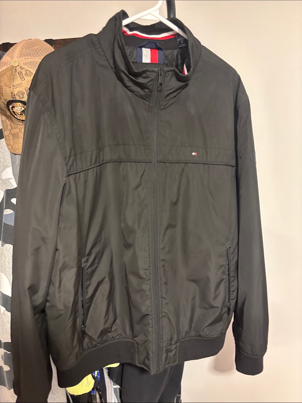 Tommy Hilfiger Men's Black Zip-Up Bomber Jacket with Tricolor Trim